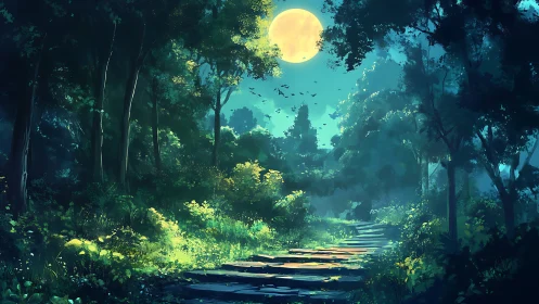 Luminescent Forest Pathway Under Full Moon at Night.