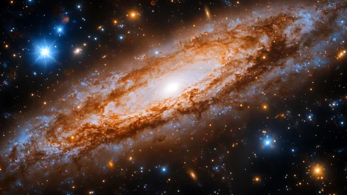 Spiral galaxy ignites starry seas in copper and blue bloom.