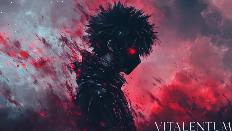 Masked figure in red and gray abstract digital environment.