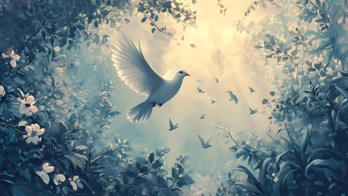 White dove in sunlit forest clearing with small birds.