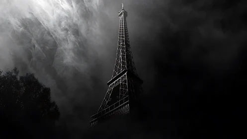 Eiffel Tower rising through dense dark clouds at night.