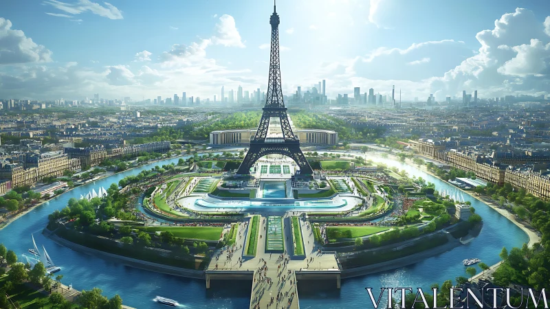 Futuristic Eiffel Tower island glows above winding blue river