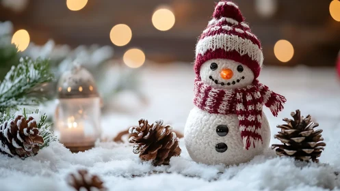 Snowman figurine in knitted red winter hat and scarf.