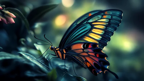 Iridescent butterfly rests on foliage in dreamy forest light.