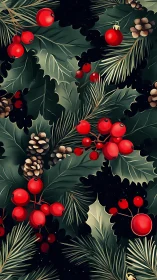 Festive holly, berries, and pine branches in cozy harmony.