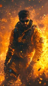 Tactical soldier strides through blazing inferno with resolve