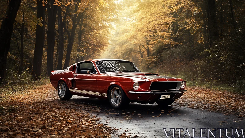 Crimson classic muscle car glows warmly on a quiet forest road