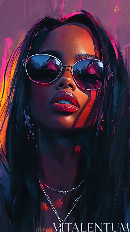 Neon-lit woman in reflective sunglasses dominates bold portrait