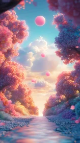 Dreamy pink river valley welcomes gentle floating orbs