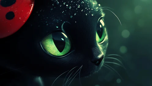 Black Cat with Luminous Green Eyes and Red Ladybug.