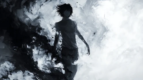 Silhouetted figure stands between dark smoke and bright mist