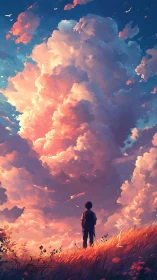 Skyward daydreams unfold as a quiet child greets sunset clouds