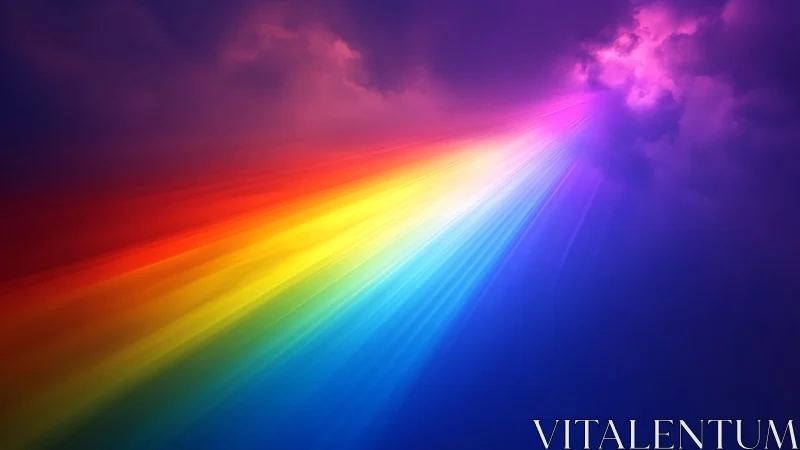 Prismatic light beam cutting storm clouds in saturated sky.