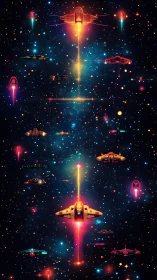 Neon spacecraft fleet aligned in a dense starfield grid.