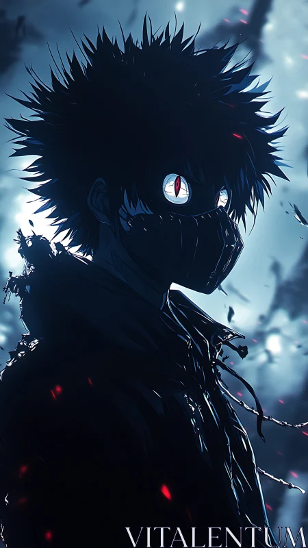 Shadowed masked hero stands under a storm of glowing embers