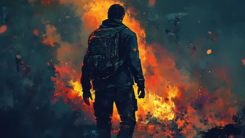 Lone wanderer framed by blazing abstract inferno backdrop.