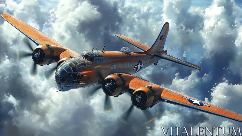 Orange four‑engine military aircraft flying above clouds.