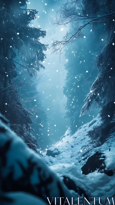 Snow-soft forest path drifting into a dreamy blue hush.