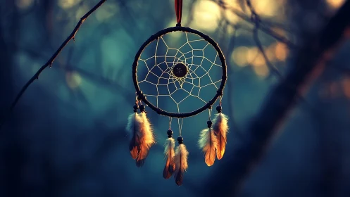 Soft-lit forest dreamcatcher guarding twilight hush.