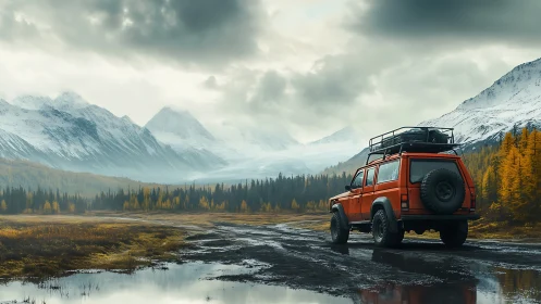 Red off-road SUV crosses misty valley toward snowy peaks.