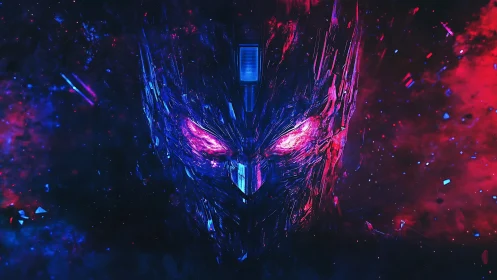 Cybernetic void entity glares through fractured neon cosmos