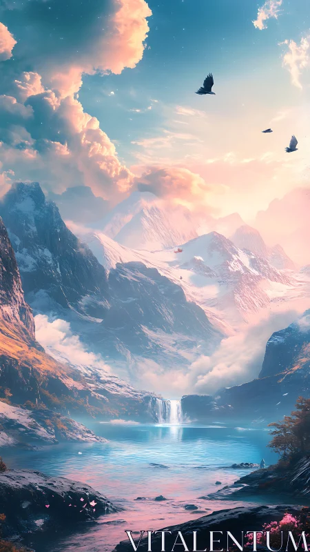 Dreamy mountain lake glows beneath soaring birds and clouds