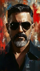 Bearded man in sunglasses under bold abstract oil light.