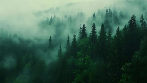 Misty Evergreen Forest Landscape with Lush Greenery and Fog.