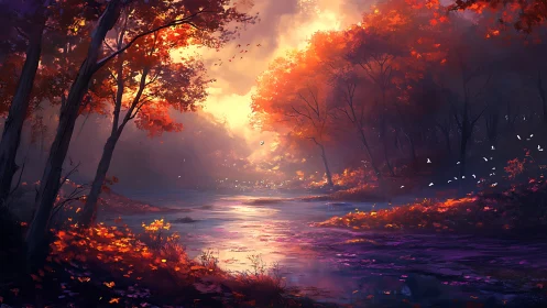 Forest Illumination at Sunset: Luminous Landscape with Radiant Water Reflection.