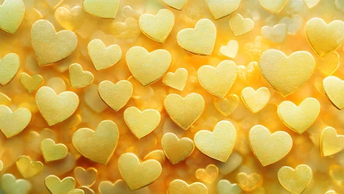 Golden heart shapes floating on warm yellow bokeh background.