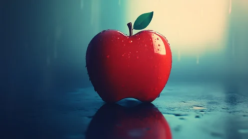 Lustrous red apple in cinematic rain-soaked reflection.