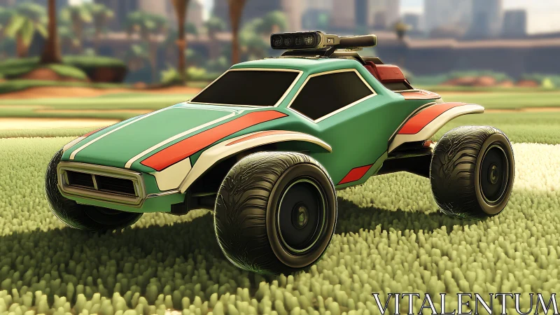 Stylized teal off-road game car on grassy arena field.