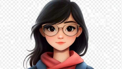 Animated girl with glasses in digital art style, clear background.