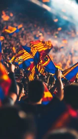 Flag storms rise in a roaring sea of midnight stadium light.