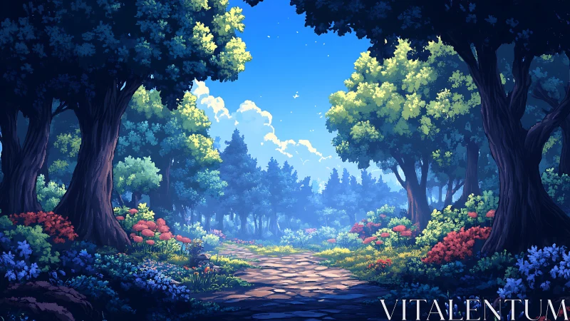 Enchanted Forest Pathway with Vibrant Floral Canopy and Luminous Sky.