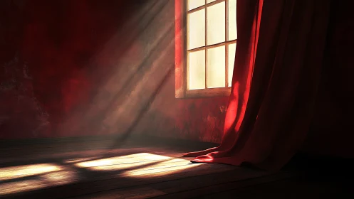 Sunlit red drapery spilling warmth across a quiet room.