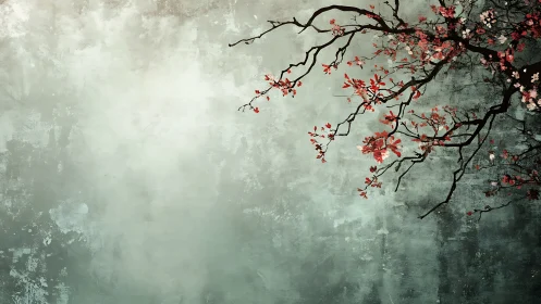 Whispering cherry branches brush a misty painted morning.