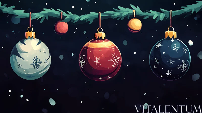 Snow-dusted Christmas baubles glow against a winter night sky