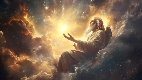 Celestial elder cradles newborn sun in swirling starclouds.