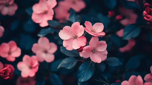 Pink Spring Blossoms Against Deep Blue Foliage.