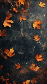 Overhead view of scattered maple leaves on dark textured ground
