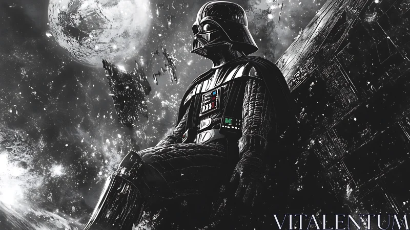 Armored sci fi figure in deep space near large structure.