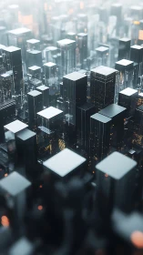 Futuristic 3D cityscape with glowing grid towers at dusk.