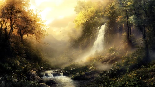 Golden-Hour Waterfall Cascading Through Temperate Forest Canyon.