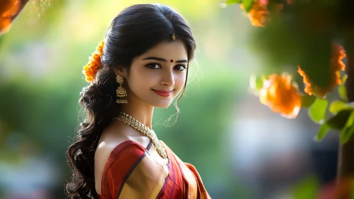 Photorealistic portrait of woman in saree among flowers.