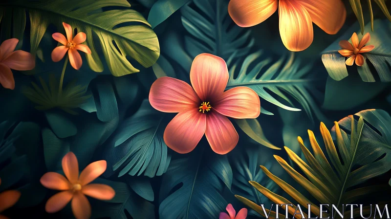 Tropical Flowers Bloom Against Deep Teal Foliage.