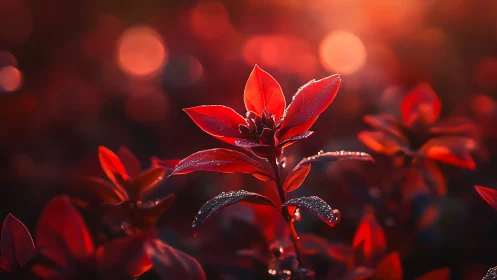 Red foliate structures with hydrophobic surface tension and bokeh luminescence.