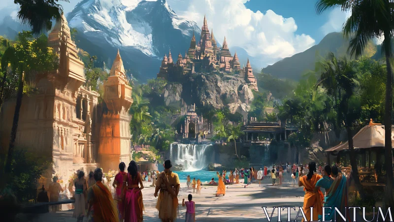 Mountain temple city with riverside gathering scene.