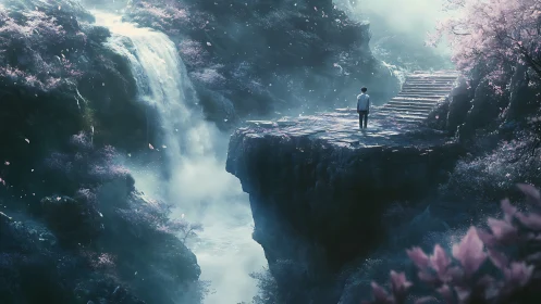 Solitary figure on misty cliff beside ethereal waterfall.