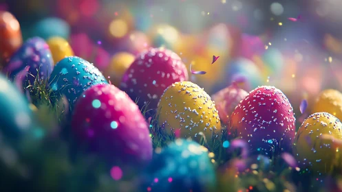 Colorful Easter eggs sparkle in dreamy spring meadow.
